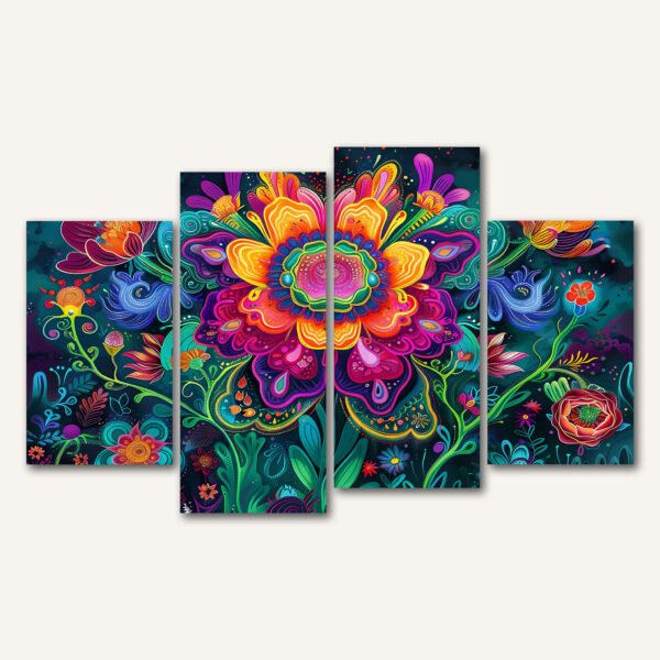 Tablou Canvas 4 Piese - Neon Mandala Flower